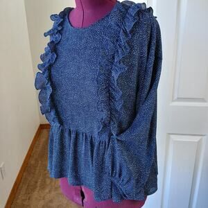 H&M Navy Speckle Ruffled Peplum Blouse 12 sheer retro 80s repaired LS